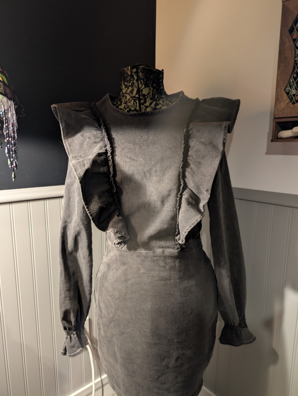 H&M Charcoal Ruffle-Trim Long Sleeve Dress